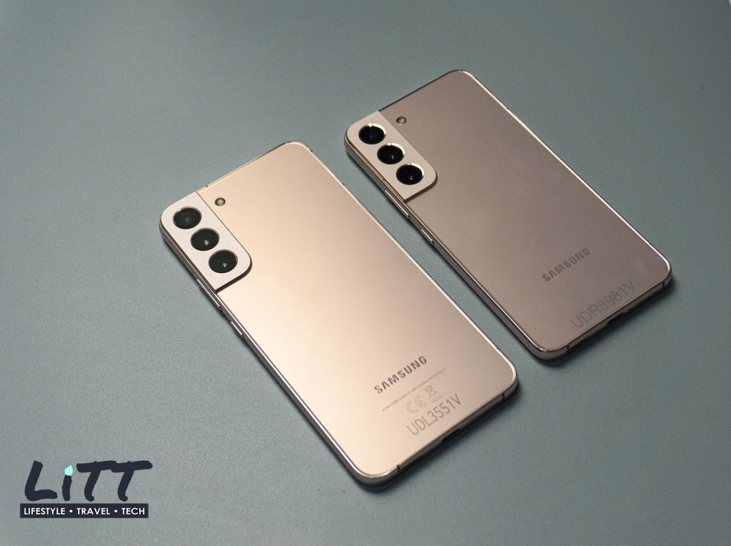 Samsung Galaxy S22 Plus and S22 in Phantom Pink Gold on a surface side by side (Source: LiTT website)