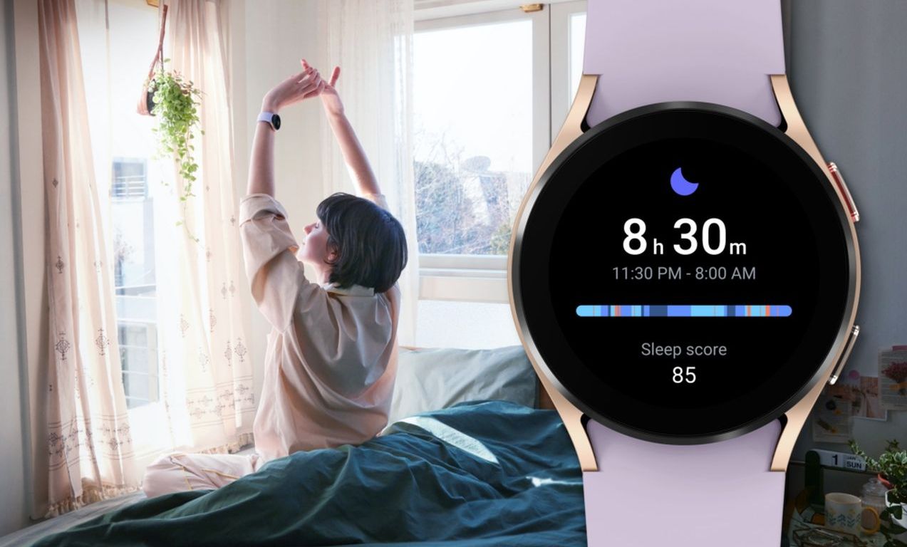 Samsung Galaxy Watch4's Sleep Coaching program with a woman stretching in the background and the Galaxy Watch4 showing the sleep score in front (Story by LiTT website)